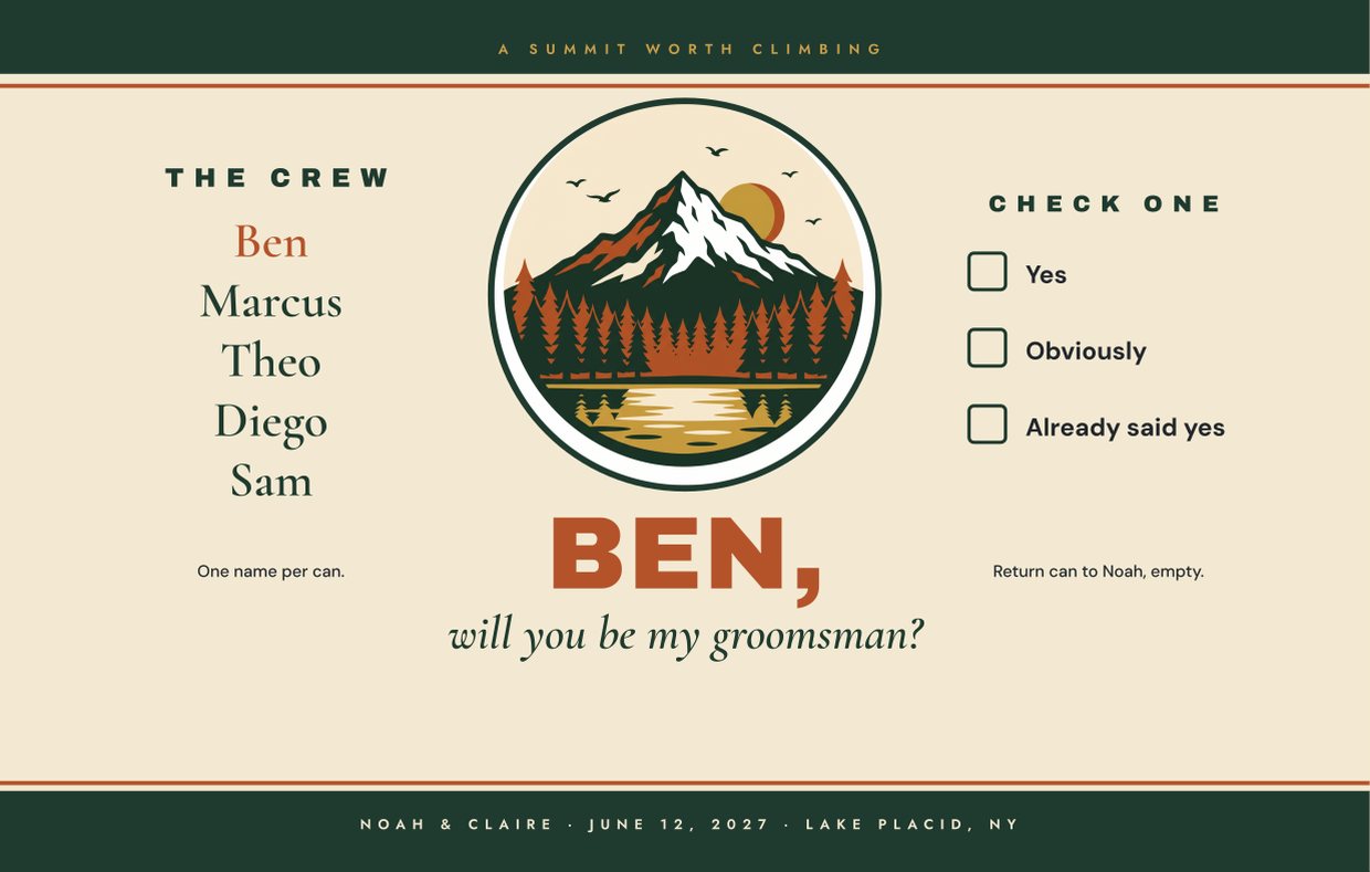 The groomsman ask label sample: Ben, will you be my groomsman?