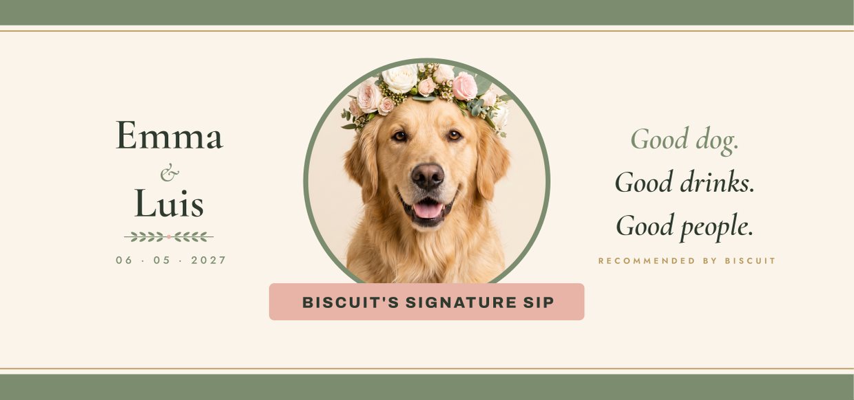 Pet portrait label sample: Biscuit's signature sip